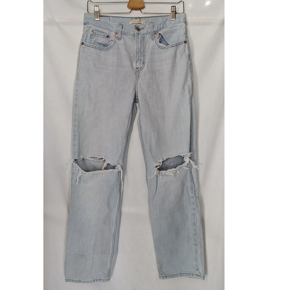 Levi's Low Pro Straight Jeans Light Wash‎ Distressed Ripped Denim Size 27
